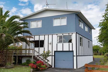 A two-storey blue and white house with a garage, a palm tree and steps