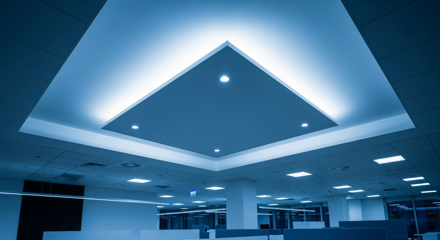 Rendered image of a blue-lit ceiling with a recessed coffer and downlights