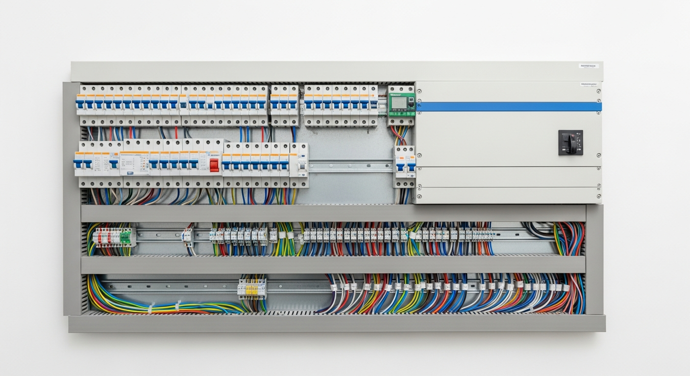 Rendered image of a large grey switchgear board with neat multicoloured wiring on a white wall