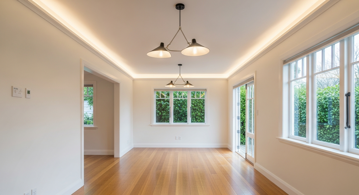 Rendered image of an empty room with a timber floor, cove lighting, two pendant lights and windows