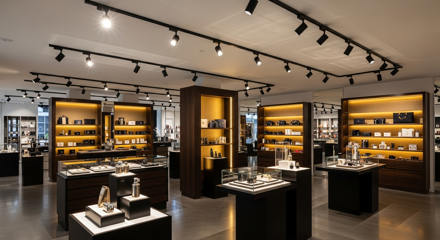 Rendered image of a boutique store with track lighting and lit shelves