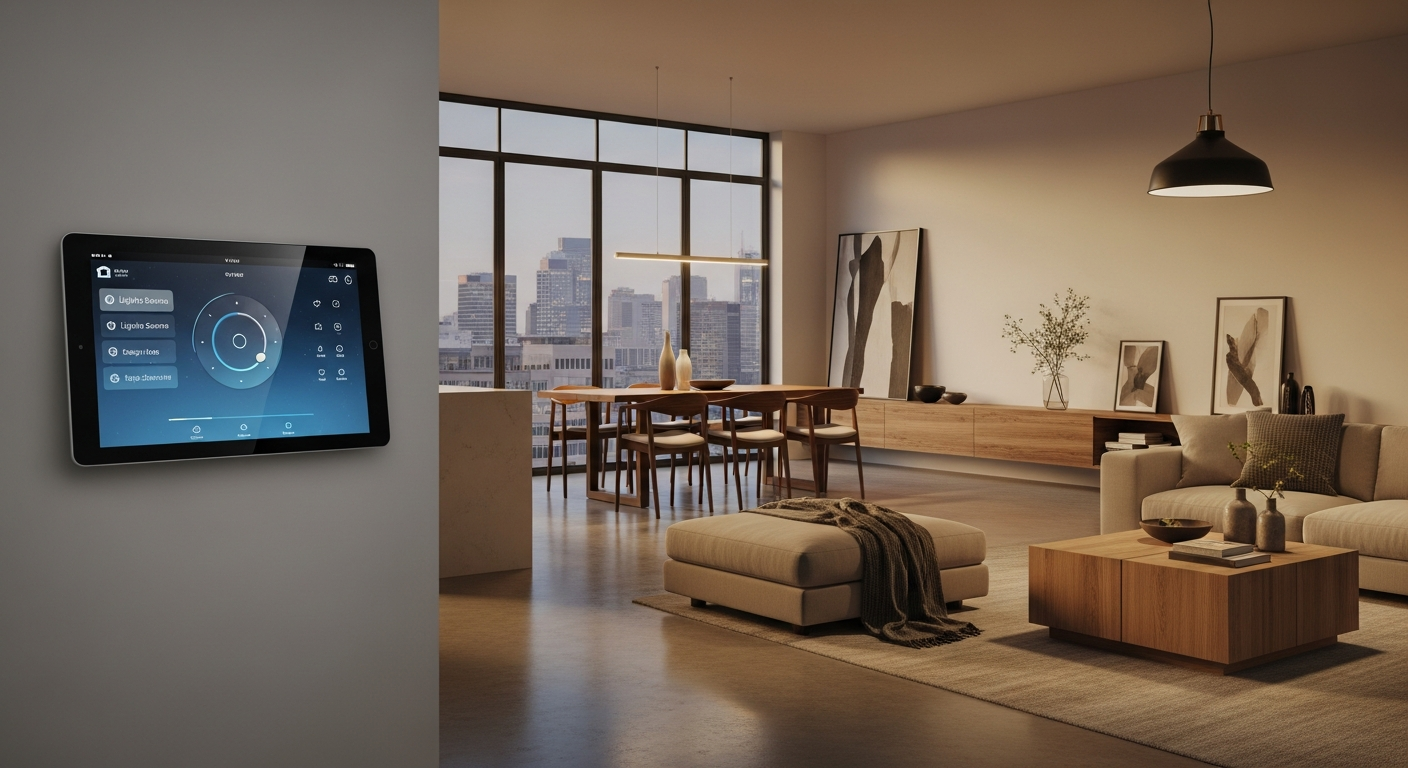 Rendered image of a wall tablet beside a living room with a city view and a pendant lamp